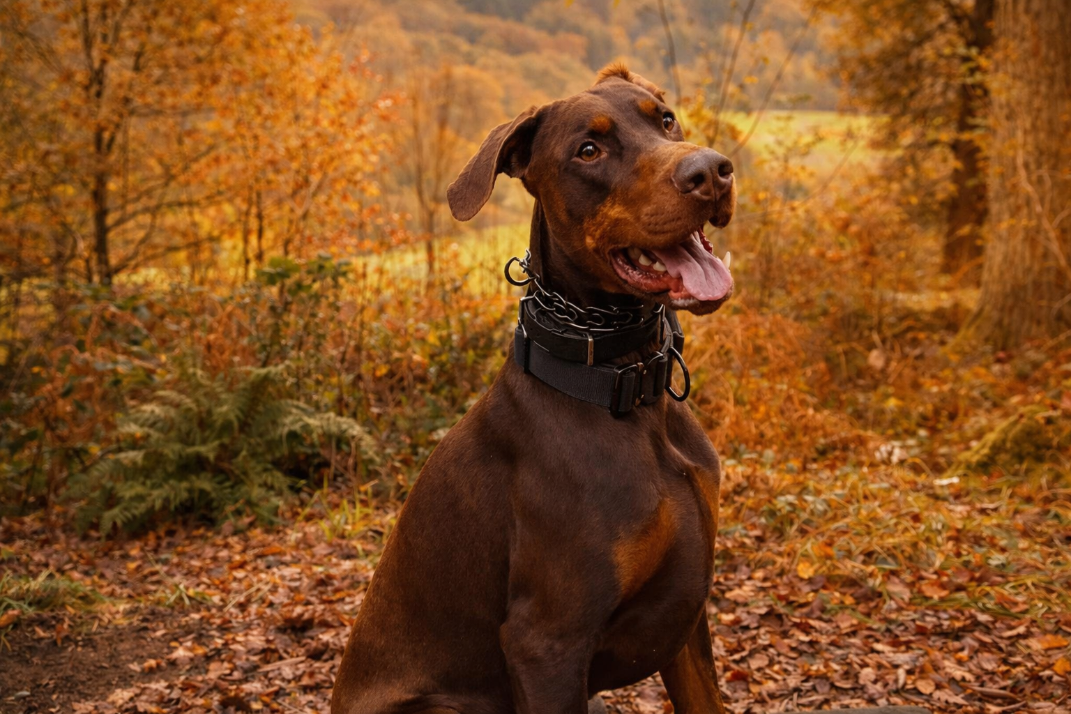 Doberman protection dog sitting alert in a woodland setting during professional training