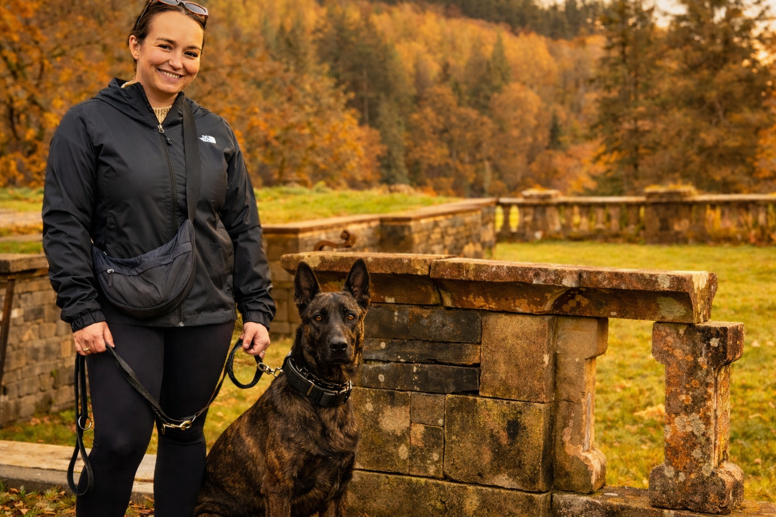 Dutch Shepherd protection dog sitting calmly beside handler in a natural woodland environment during professional training