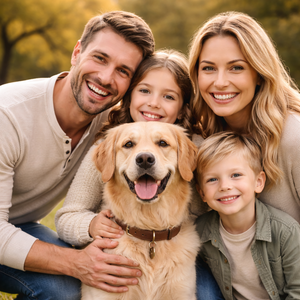 A calm, supportive moment focused on understanding the relationship between an owner and their dog
