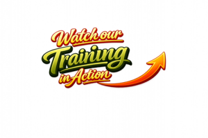 Promotional graphic inviting visitors to watch K9-International dog training in action, featuring curved arrow pointing to a training video