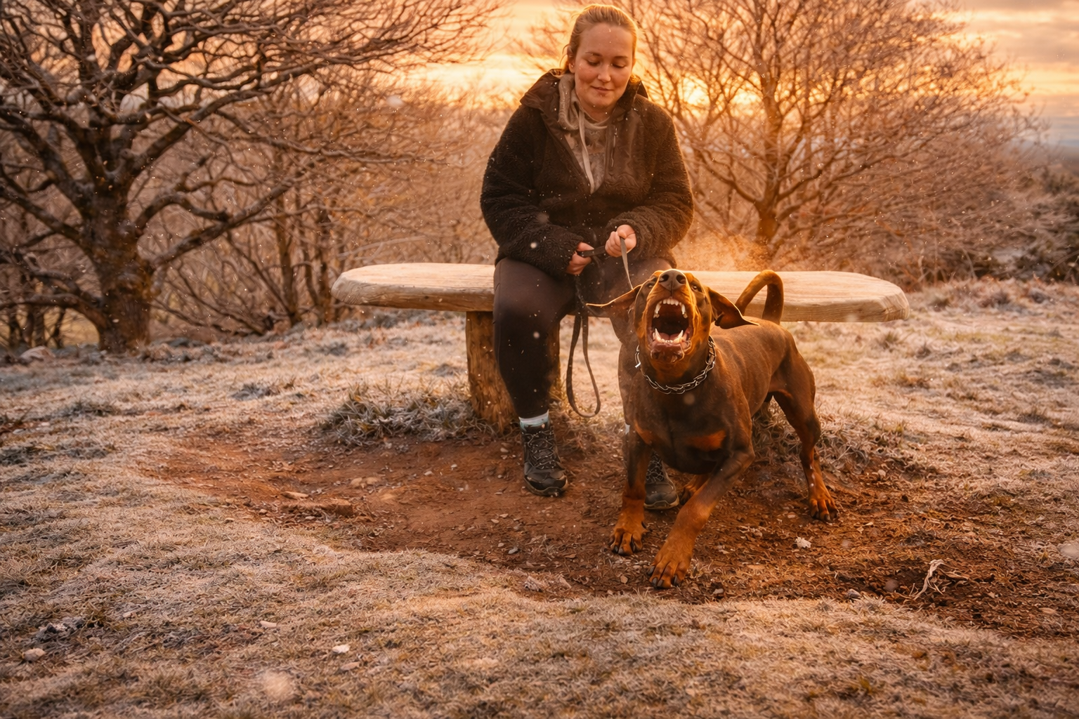 Woman holding a Doberman on a lead during winter dog training, with the dog reacting while she remains calm in a frosty woodland area